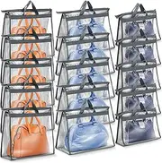 Shappy 15 Pieces Dust Cover Organizer Bags for Handbags, 3 Sizes Clear Handbag Storage Bag Purse Storage with Zipper & Handles Dust Bags for Purses Handbags Closet, 5 Each Size (Gray)