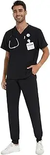 COZYFIT Men Scrubs Set — Stretch V-Neck Scrub Top & Jogger Pant with 8 Pockets, Yoga Waistband, Anti-Wrinkle Scrubs for Men