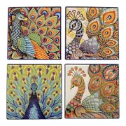 Set 4 Square Ceramic Coasters In Box- Peacocks