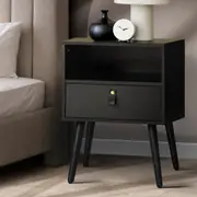 Oikiture Bedside Tables Side Table Drawer w/ Leather Handle Black