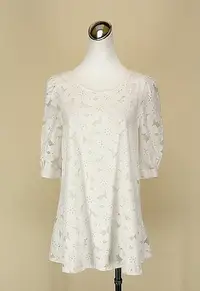 在飛比找Yahoo奇摩拍賣-7-11運費0元優惠優惠-貞新二手衣 JENNY韓 白色雕花圓領長袖蕾絲棉質洋裝F號(