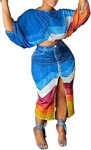 [HONGFSM] Women's Fashion Printed 2 Piece Outfits Sexy Off Shoulder Batwing Sleeve Crop Tops And Split Hem Midi Skirts Set
