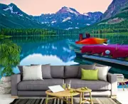 3D Mountain Lake Boat G347 Wallpaper Mural Self-adhesive Kathy Barefield Honey