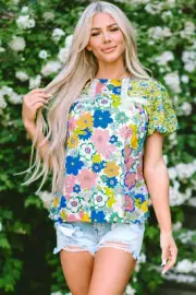 I AM A FASHION JUNKY Green Bubble Sleeve Lace Trim Floral Mixed Print Blouse