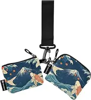 [XYMZR] Japanese Fish Mountain Fuji Mini Zip Around Wristlet keychain Wallet for Women Personalized Pattern Detachable Dual Pouch Wristlet Portable Wallet Phone Coin Purse, Multi-colored, One Size