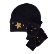 2-Piece Girls Starry Night Beanie Hat Gloves Set Gold Sequins Faux Fur Mittens