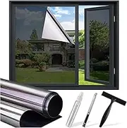Sunbaby Heat Blocking Window Privacy Film with 3 Free Tools: One Way Reflective Tinting for Home See Out Not in Sun Blocker Mirror Clings Door Cover,17.5 * 78.7 Inch, A-black-silver (window film)