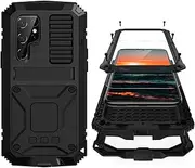 [Simicoo] Samsung S22 Ultra Metal Case with Screen Protector Camera Protector Military Rugged Heavy Duty Shockproof Case with Stand Full Cover Tough case for Samsung S22 Ultra (S22 Ultra, Black)