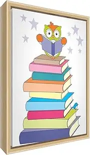 Eco-Printed & Framed Nursery Canvas with Solid Natural Wooden Frame ≪Wally The Owl on a Stack of Books≫ Multicoloured, 44 x 34 x 3cm (Medium)
