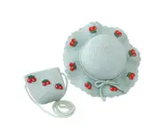 Cherry Decor Lace Trim Wide Brim Hat Bag Set Baby Girls Breathable Straw Hat Handbag Clothing Accessories Lake Blue