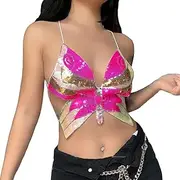 [Generic] Women's Glitter Butterfly Rave Denim Backless Sequin Crop Top Sparkling Tie Tank Top Low-Cut Vest