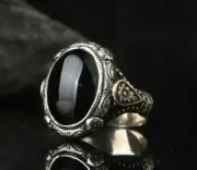 NEW Unisex Domineering Retro Fashion Dark silver Oval Black Stone Carving Ring