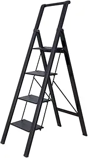 BAOYOUNI 4 Step Ladder Lightweight Folding Aluminum Step Stool Heavy Duty Stepladders Storage Shelf Rack with Handle Anti-Slip Wide Platform for Household, Office, Painting (4 Steps with Handle)