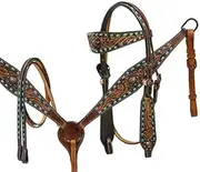 Showman Copper Painted Floral Tooled Headstall & Breast Collar Set w/Teal Buckstitch