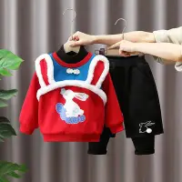 在飛比找Yahoo!奇摩拍賣優惠-兒童過年衣服男童裝2023兔年寶寶拜年服女童冬季春節套裝新年