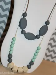 2 Necklaces Silicone Baby Teether Teething Nursing Jewelry Mint Green Gray Beige