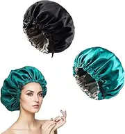 2PCS Sleep Cap for Women & Girls - Double-Sided Adjustable Bonnet, Like Silk, Double Layer Waterproof Design for Healthy Hair Protection During Sleep Black, Dark Green