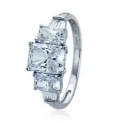 Women 8.5mm 14K White Gold 1.5ct Emerald Cut CZ 3 Stone Wedding Anniversary Ring