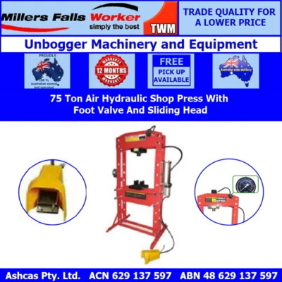 TWM Millers Falls 75 Ton Air Hydraulic Shop Press Foot Valve Sliding Head