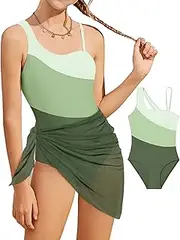 [CRISONE] Girl's One Piece Swimsuits Color Block Cutout One Shoulder Bathing Suit with Mesh Cover Up 1 Piece Swimsuit Swimwear 7-14T