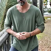 Men's T Shirt Long Sleeve Shirt Long Sleeve Round Henley All Seasons Solid Color Traditional / Vintage Casual Plain Outdoor Home Sports Outdoor Black Green Na
