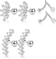[JOERICA] 3 Pairs Stainless Steel Silver Ear Cartilage Earrings for Women Girls Tragus Helix Earring Cute Conch Flat Back Piercing Jewelry 16G