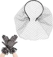 [Quxyxso] 1920s Mesh Veil Headband Vintage Fascinators Mesh Veil with Glove,Vintage Hat and Lace Gloves Cocktail Tea Party Halloween Headwear，Bridal Wedding Tea Party Veil for Women