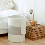 Woven Laundry Basket,Tall Wicker Laundry Basket for Blankets,Clothes,Pillows,Toys,Shoes Large Cotton Laundry Hamper for Bedroom Living Room Bathroom Nursery Grey