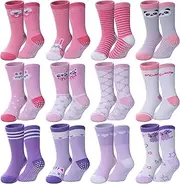 DOSKONI Toddlers Girls Non Slip Socks Baby Kids Grip Socks Crew Cotton Socks with Grippers 12 Pairs
