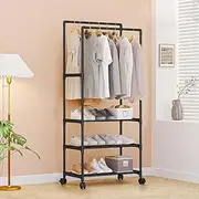 Double-Rail Clothes Hanger Stand, Storage shelf Stand with Clothes Rail and Rolling Coat Rack,Clothing Garment Rack with Bottom Shelf, Drying Rack, Household Space Saving Storage Organizer for Bedroom