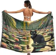 [RPLIFE] Black Cat Water Lilies Sarong Wraps for Women, Beach Sarongs for Women, Pool Cover up Bottom, Summer Sarong