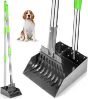 Pooper Scooper, Dog Pooper Scooper Long Handle Stainless Metal Tray and Rake for