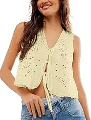 [Peaceglad] Womens Vest Top Trendy Floral Embroidered Eyelet Tie Front Tops Fashion Crochet Lace Hollow Out Vests