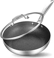 [Inqibee] 8 Inch Hybrid Tri-Ply Stainless Steel Sauté Pan with Lid,Non-stick Frying Pan,Skillet,Induction Chef's Pan,Heavy Duty and Oven Safe,Riveted Handle.