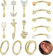 Kakonia 14 PCS Rook Piercing Jewelry Surgical Steel Eyebrow Piercing 16G Rook Earrings for Women Curved Barbells Eyebrow Rings Belly Lip Ring Cartilage Daith Helix Tragus Body Piercings