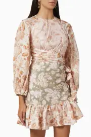 NWT Zimmermann Lyre Wrap Billow Mini Dress US 6 Linen Ruffle Long Sleeve $795