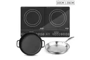 SOGA Dual Burners Cooktop Stove, 30cm Cast Iron Frying Pan Skillet and 28cm Induction Fry Pan