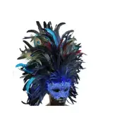 Women's Venetian Carnival Mardi Gras Masquerade Mask with Feathers [Blue]