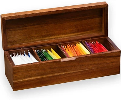 Acacia Wooden Tea Bag Organizers Packet Storage Boxes Caddy for Bags Chest Caja