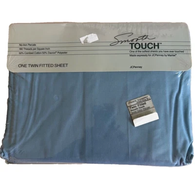 JCPenney Twin Fitted Sheet Smooth Touch Percale Ocean Blue 180 No-Iron USA NIP