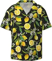 [HVTTIOR] Yellow Lemon Print Short Sleeve Shirt Cuban Collar Beach Casual Style Summer Vacation Relaxed Fit