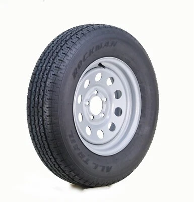 ROCKMAN Trailer Tire Assembly ST205/75R15 8-Ply Silver Mod Rim 5 Lug on 5"