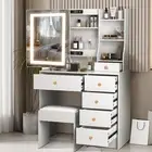 Bedroom Dressing Table Vanity Makeup Desk With LED Light Mirror,Drawers,Stool