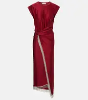 [Rabanne] Rabanne Fringed gathered satin midi dress AU 14 red
