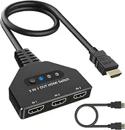 HDMI Switch 3 in 1 Out, 3 Ports 4K@30hz HDMI Switcher Supports Full HD 1080P 3D Compatible with Roku Fire TV Stick HDTV PS4/PS5 Xbox One Chromecast, Compatible with Mac/Linux/Win