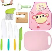 Kids Wooden Knife Set, 9 Pieces Safe Kids Wooden Knife Set, Kids Kitchen Knives, Kids Safe Knives for Cooking, Peeling Plane, Chopping Board, Cartoon Apron, plastiic Knife with Serrated Edges, Cute To