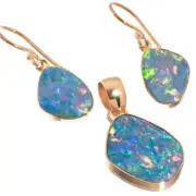 Gold Plated 925 Silver Aaa Australian Opal Matched Pendant Earring Set, 1 1/8"