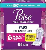 Poise Incontinence Pads, Maximum Absorbency, Long, 84 Count, Disposable, Absorbent Pads for Light Bladder Leakage, Packaging May Vary