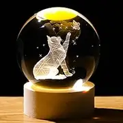 Arikyrist 3D Cat Crystal Ball Decor, Crystal Cat Figurines with Wooden Base, Laser Engraved Glass Sphere Cat Gifts for Cat Lovers
