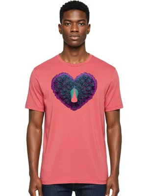 Peacock-Feathers-Heart Mens Graphic Tee, 100% Cotton, Casual Summer Wear